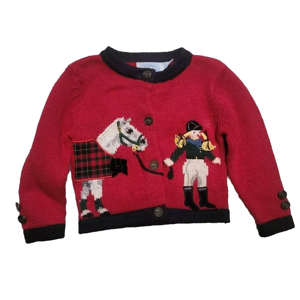 Vintage Hartstrings Baby Cardigan  Red Knit  Horse Rider 3-6 Months